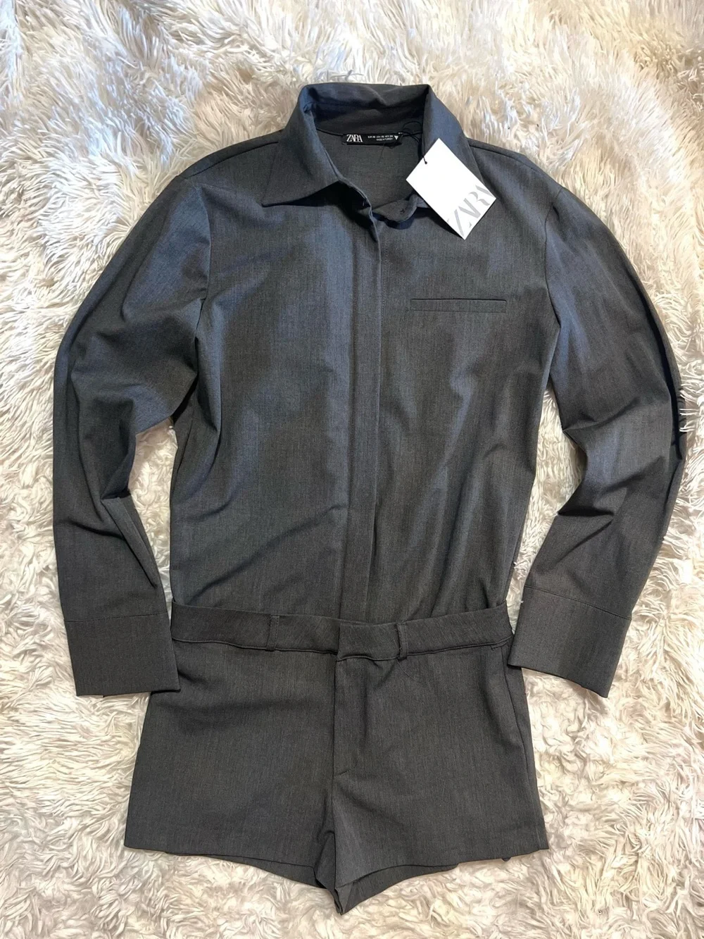 ZARA SHIRT STYLE MASCULINE JUMPSUIT PLAYSUIT GREY- SZ XS-NWT